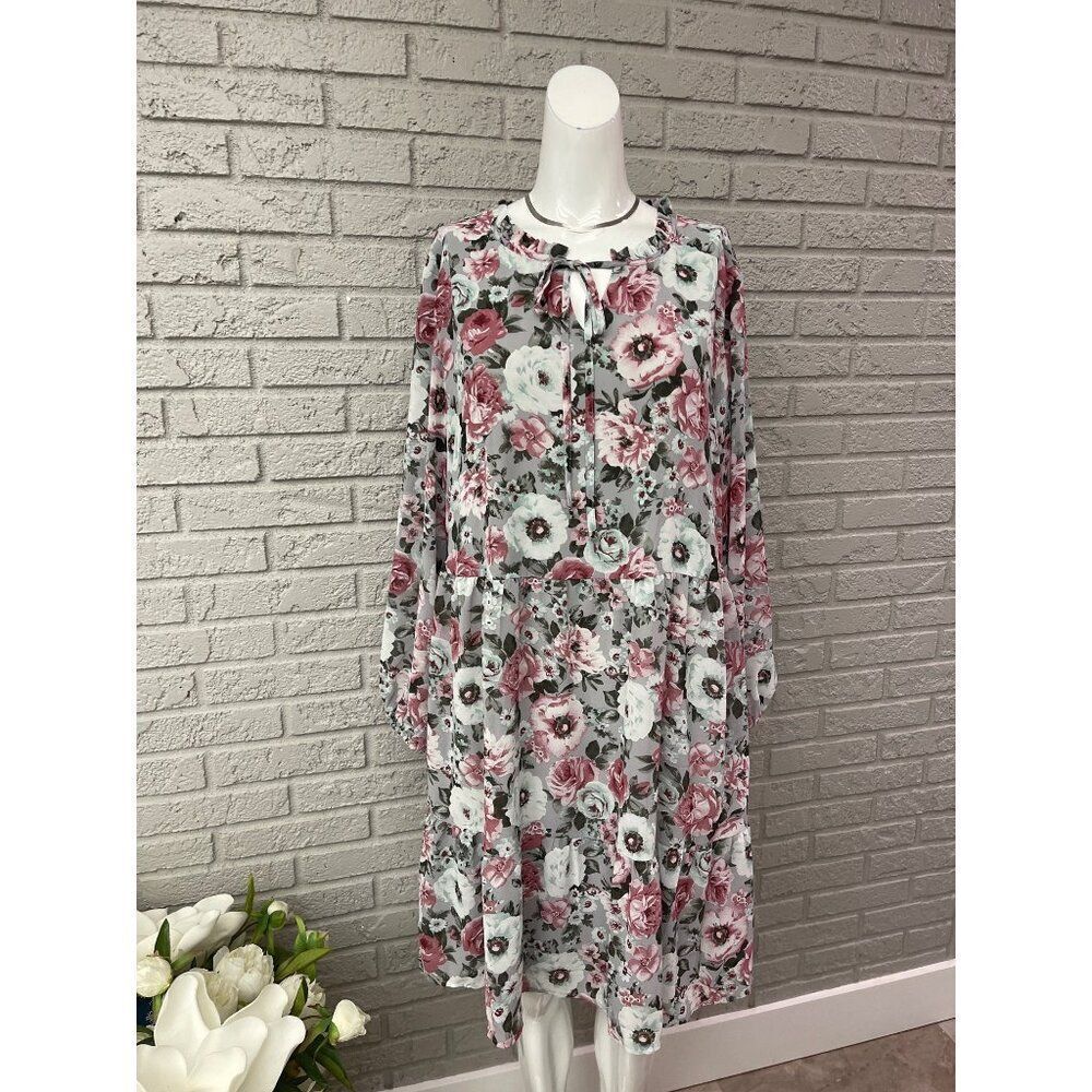 Cal Style Women Floral Long Sleeve Tiered Shift Dress Size L